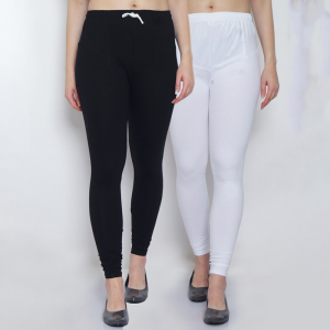 Women Pack of 2 Black & White Solid Churidar Length Legging