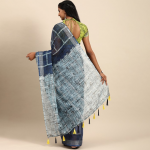 Navy Blue & Green Pure Linen Checked Saree